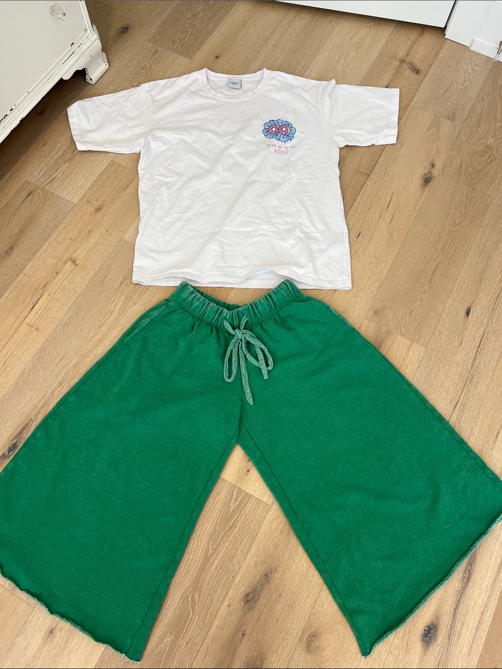 Wide-Leg Pull-On Pants in Green from UO and white acme de la vie ADLV tee